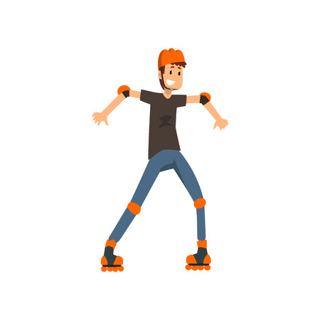 Young man roller skating, sport and physical activity concept cartoon vector Illustration on a white...