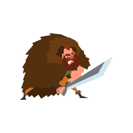 Angry viking warrior character in animal skin cape with sword vector Illustration on a white backgroundのイラスト素材