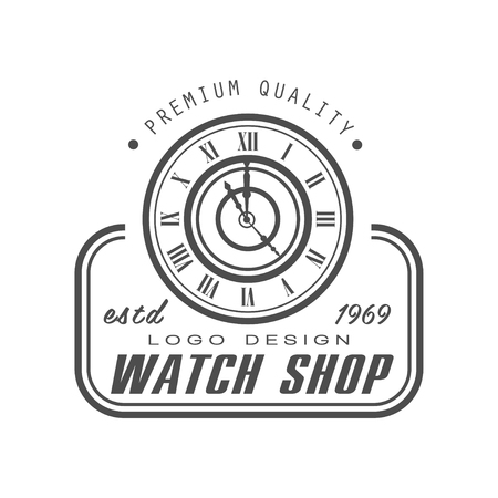 Watch shop design, premium quality estd 1969, black and white vintage clock repair service or store emblem vector Illustration on a white backgroundのイラスト素材