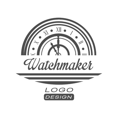 Watchmaker design, monochrome vintage clock repair service emblem vector Illustration on a white backgroundのイラスト素材