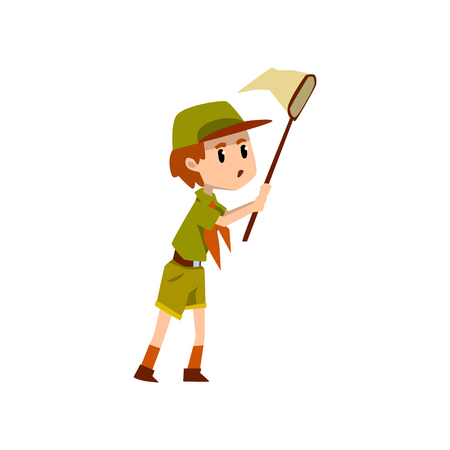 Boy scout character in uniform catching butterflies with net, outdoor adventures and survival activity in camping vector Illustration on a white backgroundのイラスト素材