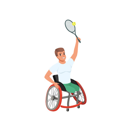 Sportsman with physical disabilities playing tennis. Young cheerful man without legs sitting in wheelchair. Flat vector designのイラスト素材