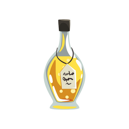 Glass bottle of aromatic oil. Yellow liquid for massage. Aromatherapy, cosmetics and spa theme. Vector design for advertising posterのイラスト素材