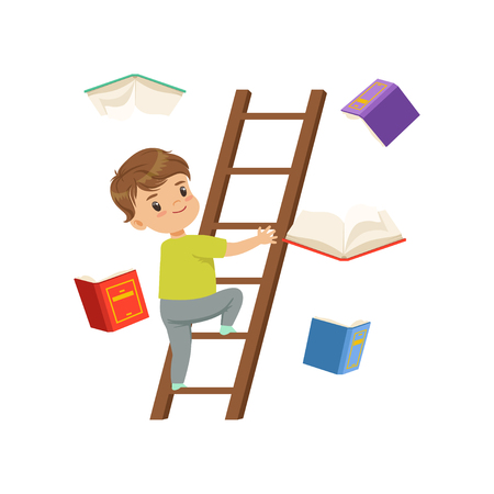 Cute little boy character climbing up wooden ladder, books falling next to him vector Illustration on a white backgroundのイラスト素材