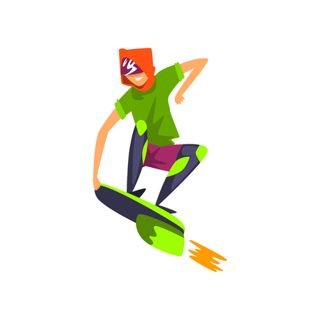 Man in futuristic clothing flying with jet skateboard, technology of the future vector Illustration on a white backgroundのイラスト素材
