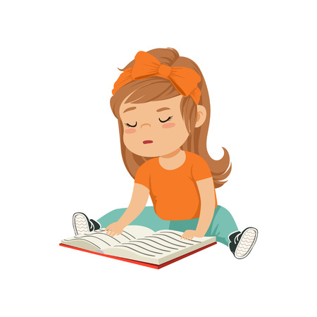 Lovely little girl character sitting on the floor and reading a book vector Illustration on a white backgroundのイラスト素材