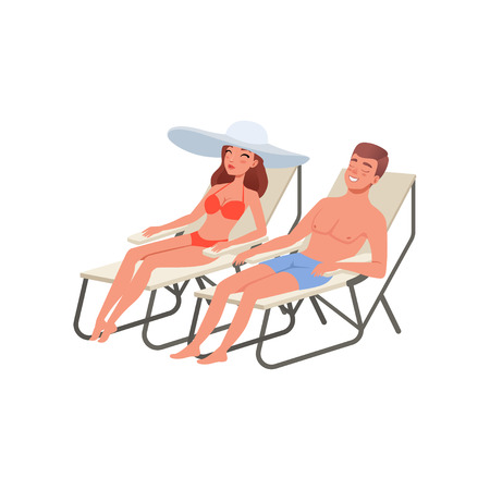 Young couple relaxing on a tropical beach in loungers vector Illustration on a white backgroundのイラスト素材