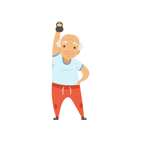 Senior man in sports uniform exercising with kettlebell, grandmother character doing morning exercises or therapeutic gymnastics, active and healthy lifestyle vector Illustration