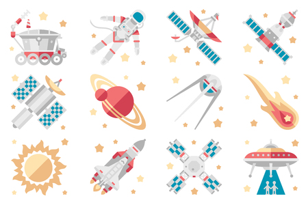 Space icons set, space shuttle, spaceship, orbital satellite, cosmic rocket, mars rover, space station, astronaut, ufo vector Illustrations on a white backgroundのイラスト素材
