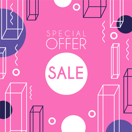 Sale special offer banner template design, seasonal discount, pink advertising poster with geometric shapes vector Illustrationのイラスト素材