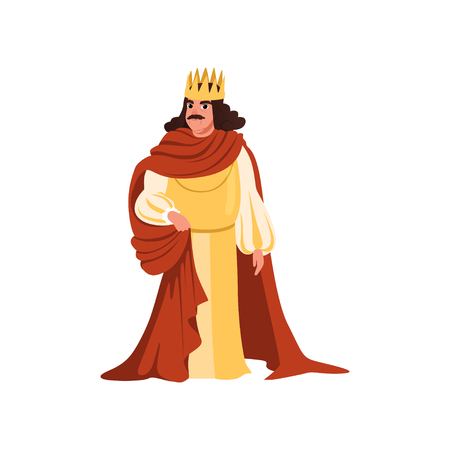 Majestic king in golden crown and red mantle European medieval character vector Illustration on a white background