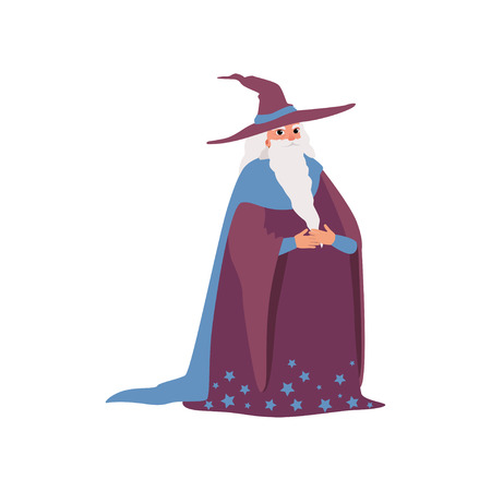 Magic old man medieval character wearing robe and pointed hat vector Illustration on a white backgroundのイラスト素材