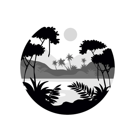 Tropical scenery with palm trees, water and mountains, monochrome landscape in geometric round shape design vector Illustration on a white backgroundのイラスト素材