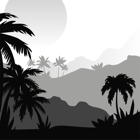 Beautiful monochrome tropical landscape with palm trees, mountains and sun vector Illustrationのイラスト素材