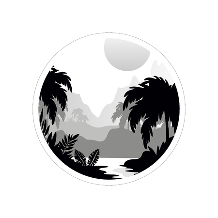 Beautiful tropical scenery with trees, mountains and sun, monochrome landscape in geometric round shape design vector Illustration on a white backgroundのイラスト素材