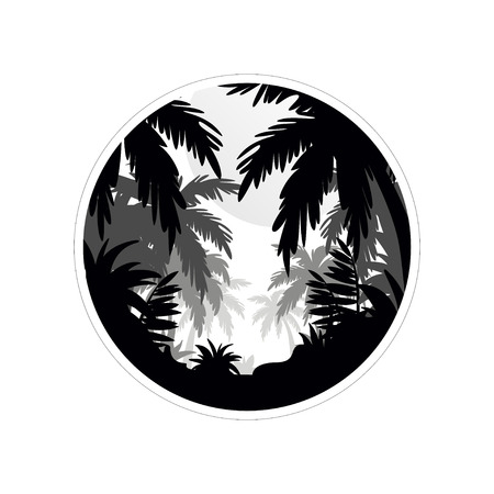 Tropical scenery with palm trees, monochrome landscape in geometric round shape design vector Illustration on a white backgroundのイラスト素材