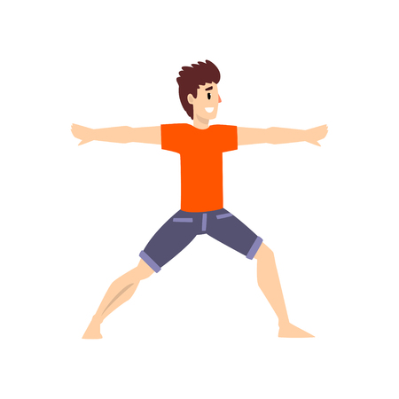 Man in virbhadrasana pose, young man practicing yoga vector Illustration on a white backgroundのイラスト素材