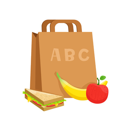 Paper bag with sandwich, banana and apple, school lunch box, food for kids and students vector Illustration on a white backgroundのイラスト素材