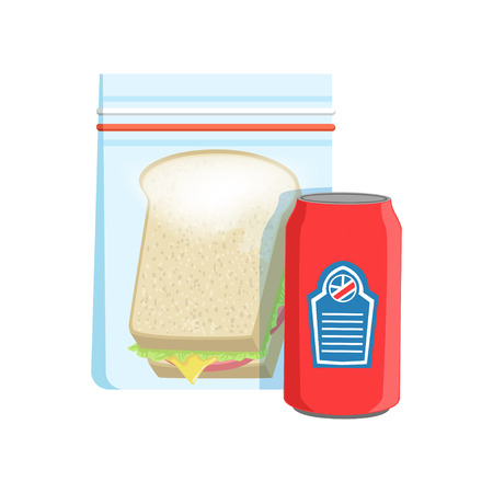 Plastic bag with soda drink and sandwich vector Illustration on a white backgroundのイラスト素材