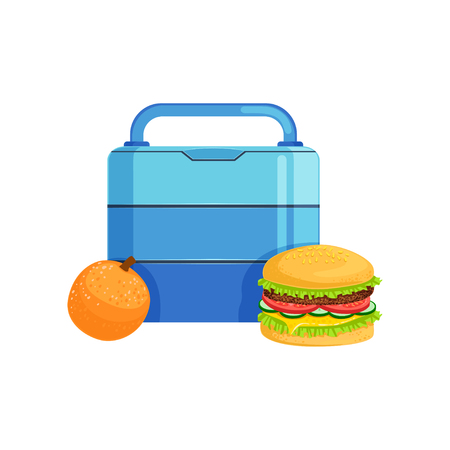 Lunch box with burger and orange, food for kids and students vector Illustration on a white backgroundのイラスト素材