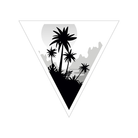 Beautiful tropical scenery with palm trees, monochrome landscape in geometric triangle shape design vector Illustration on a white backgroundのイラスト素材
