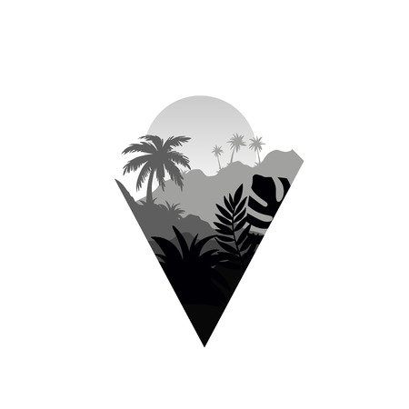 Tropical scenery with palm trees, mountains and sun, monochrome landscape in geometric shape design vector Illustration on a white backgroundのイラスト素材