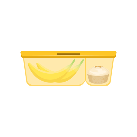Lunch box with cupcake and banana, healthy food for kids and students vector Illustration on a white backgroundのイラスト素材