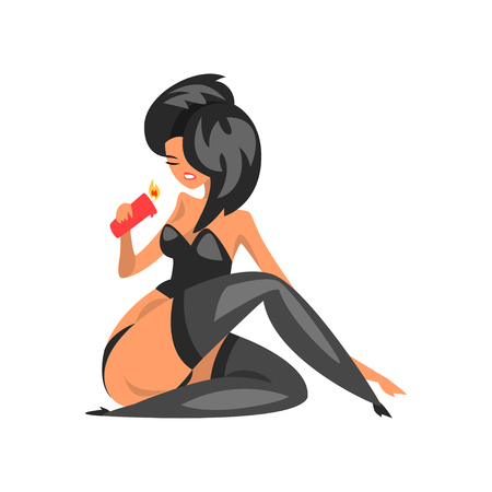 Pretty brunette mistress wearing in bdsm style sitting on the floor with candle vector Illustration on a white backgroundのイラスト素材