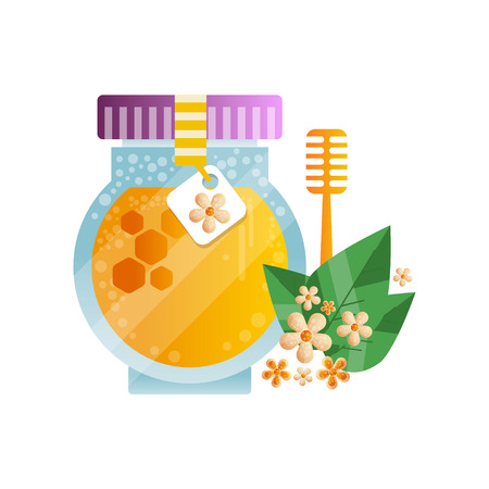 Glass jar of honey and linden flowers and leaves, natural herbal organic product vector Illustration on a white backgroundのイラスト素材
