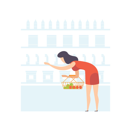 Young woman with basket choosing products on shelves at grocery store, girl shopping at supermarket vector Illustration on a white backgroundのイラスト素材