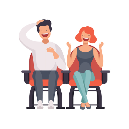Smiling couple sitting in cinema theatre and watching comedy movie vector Illustration on a white backgroundのイラスト素材