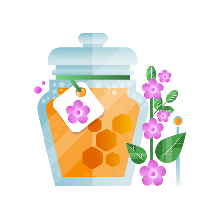 Glass jar of honey and lavender flower, natural herbal organic product vector Illustration on a white backgroundのイラスト素材