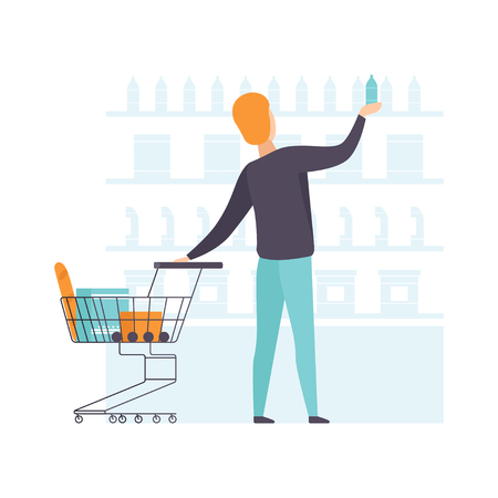 Young man choosing products on shelves and pushing cart, guy shopping at supermarket vector Illustration on a white backgroundのイラスト素材