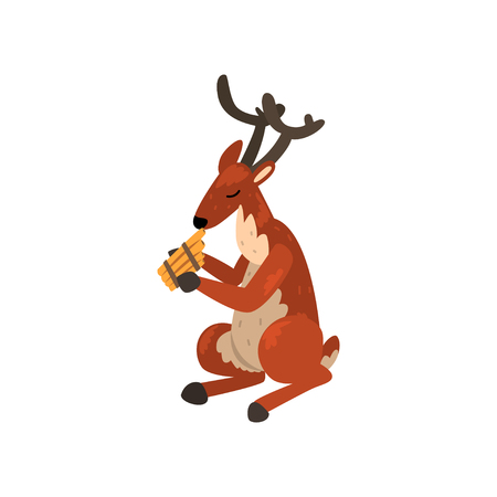 Deer playing harmonica, cartoon animal character with musical instrument vector Illustration on a white backgroundのイラスト素材