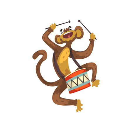 Cute funny monkey playing drum, cartoon animal character with musical instrument vector Illustration on a white backgroundのイラスト素材