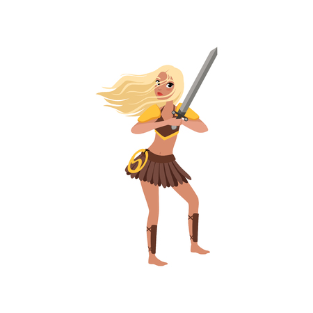 Beautiful warlike amazon girl character, ancient warrior with sword vector Illustration isolated on a white background.のイラスト素材