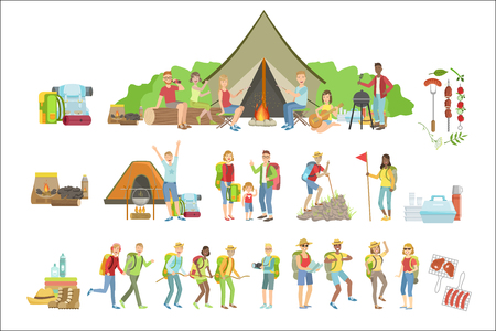 People Camping And Their Equipment Setのイラスト素材