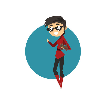 Fashionable brunette girl with carring little pet dog vector Illustration isolated on a white background.のイラスト素材