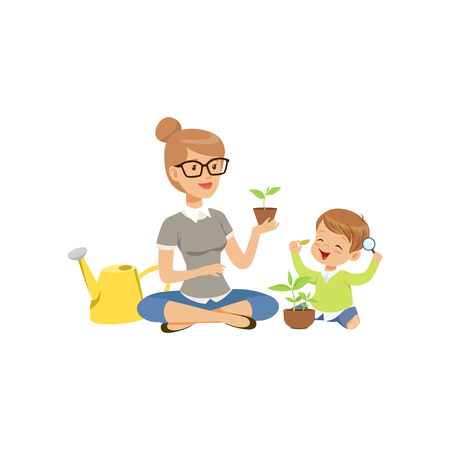 Elementary teacher telling little boy about plants during botany class in primary school, preschool education vector Illustrationのイラスト素材