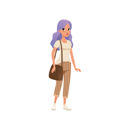Beautiful young woman with long purple dyed hair, stylish girl in fashion clothes vector Illustration on a white backgroundのイラスト素材