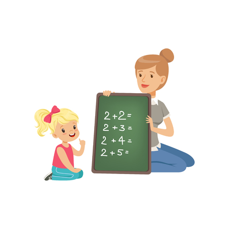 Cute little girl sitting on the floor and writing mathematical examples, teacher holding small blackboard and helping her, math class in primary school, preschool education vector Illustrationのイラスト素材