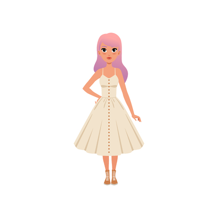 Beautiful fashion young woman with long pink dyed hair, stylish girl in white dress vector Illustration on a white backgroundのイラスト素材