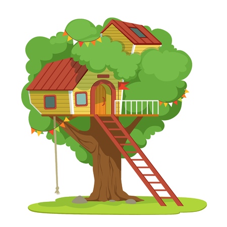 House with ladder on green tree vector Illustration on a white backgroundのイラスト素材