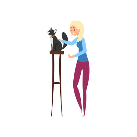 Young woman presenting her black cat to jury at cat breeds show cartoon vector Illustrations on a white backgroundのイラスト素材