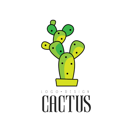 Cactus design, creative emblem with potted plant vector Illustration on a white backgroundのイラスト素材