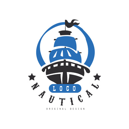Nautical original design, retro badge with ship for nautical school, sport club, business identity, print products vector Illustration on a white backgroundのイラスト素材