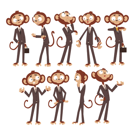 Monkey businessman cartoon character dressed in human suit, funny animal in different poses vector Illustration on a white backgroundのイラスト素材