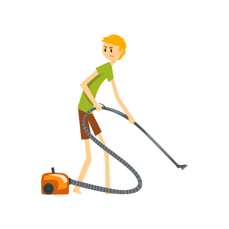 Henpecked man, husband cleaning the A cartoon man is using a vacuum cleaner