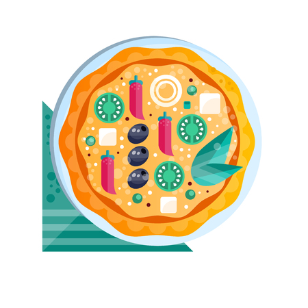 Whole hot delicious vegetarian pizza with pepper, olives, green tomatoes, cheese and onion vector Illustration on a white backgroundのイラスト素材