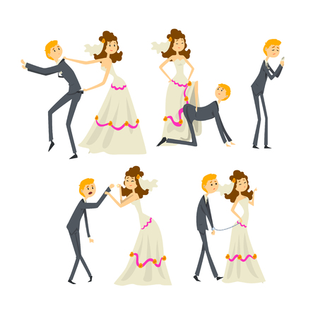 Couple of newlyweds set, henpecked man, husband dominated by wife cartoon vector Illustrations on a white backgroundのイラスト素材